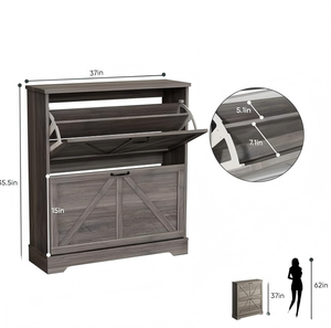 Scarpiera ribaltabile stile rustico a 2 livelli, mobile contenitore per scarpe in legno grigio per ingresso - Product Image 5