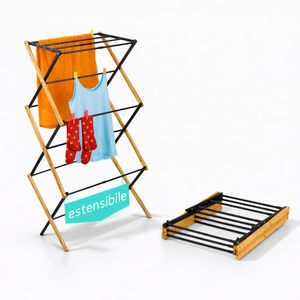 Séchoir à linge pliable sur pied en bambou et métal, 6 niveaux, extensible jusqu'à 9 mètres - Product Image 1