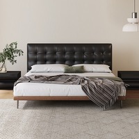 Cadre de lit plateforme carré capitonné en cuir, style moderne du milieu du siècle, base en bois de noyer, pieds métalliques coniques, sans sommier, taille personnalisée, OEM