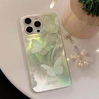 Coque de téléphone Papillon Dégradé Vert, Housse Texture Fil avec Cordon Perlé pour iPhone 12/13 Pro Max/16/17