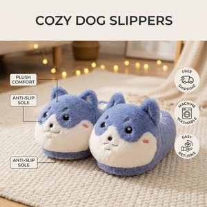 Pantoufles en peluche <span class=keywords><strong>chien</strong></span> Shiba bleu, motif chiot de dessin animé, à bout fermé, doublure chaude et moelleuse, antidérapantes, <span class=keywords><strong>pour</strong></span> l'intérieur - Product Image 4