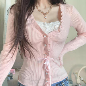 Camiseta de Punto de Manga Larga con Efecto de Capas, Corte Ajustado, Color Rosa, con Encaje y Cinta, Estilo Informal y Chic para Adolescentes - Product Image 1