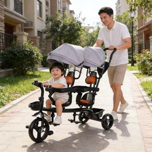 Tricycle pour enfants jumeaux à double siège, nouveau modèle très demandé, avec poignée de poussée et capote - Product Image 5