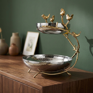 2 Tier Hammered Metal Fruit Bowl Luxury Gold <b>Bird</b> Branch Serving Tray Decorative Table Centerpiece Cupcake <b>Stand</b> Platter - Product Image 4