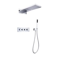 Ensemble de douche cascade de luxe contemporain en laiton chromé, thermostatique, monocommande, encastré, avec jet de pluie doux