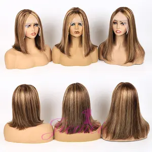 Peruca curta loira lisa renda transparente 4/27 ombre, cabelo humano pré-selecionado colorida