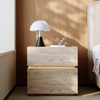 Mesa de Noche de Travertino, Estilo Italiano Retro Moderno Minimalista, Inteligente con Luz, Almacenamiento, Mesa Auxiliar de Madera Maciza para Sala de Estar