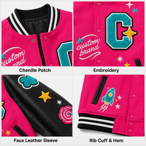 <span class=keywords><strong>Giacca</strong></span> Varsity Personalizzata da Uomo, <span class=keywords><strong>Fucsia</strong></span> e Nera con Patchwork, Ricami Grafici, Stile Retrò Casual da Baseball - Product Image 4
