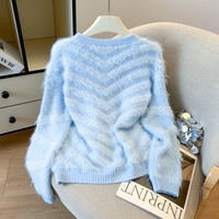3543 #   Cardigan en tricot doux et moelleux pour femme, col en V, boutons perlés, rayures chevron, en mohair, manches longues, style élégant