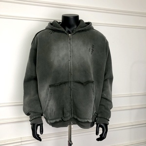 <span class=keywords><strong>Felpa</strong></span> con Cappuccio e Zip in Cotone Pesante 400gsm di Alta Qualità, Lavaggio Acido, Stampa a Rilievo, Stile Vintage <span class=keywords><strong>Hip</strong></span> <span class=keywords><strong>Hop</strong></span> per Uomo - Product Image 1