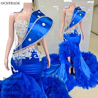Robe de soirée sirène de luxe bleu roi en satin Ocstrade avec strass, franges, découpes, volants et traîne en tulle, dos nu, pour bal de promo et occasions formelles