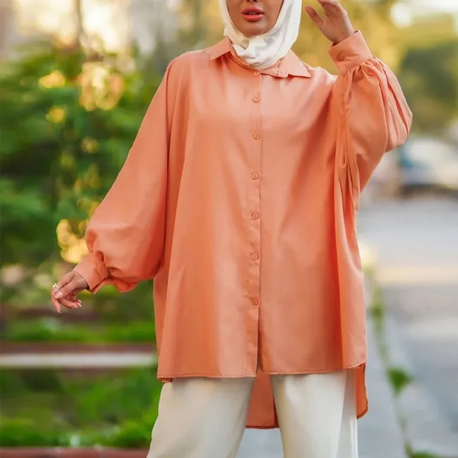 Atasan tunik polos wanita Muslim kustom kemeja Satin Abaya Dubai blus kasual lengan panjang