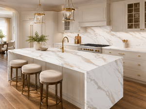 แผ่นควอตซ์พิมพ์ลาย Calacatta Golden Silk จาก UNION STONE ขนาดใหญ่ เป็นมิตรกับสิ่งแวดล้อม ดีไซน์ทันสมัย เหมาะสำหรับผนังห้องครัว พื้นห้องน้ำ - Product Image 4