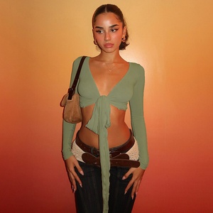 T-shirt en maille respirant à manches longues et col en V sexy, couleur unie, coupe ajustée et courte, pour femme, idéal au quotidien - Product Image 5