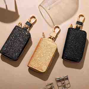 High Quality PU Leather Car Keychain Universal Car <b>Key</b> Bag Protective Cover Sequin Leather Metal Car Keychain - Product Image 3