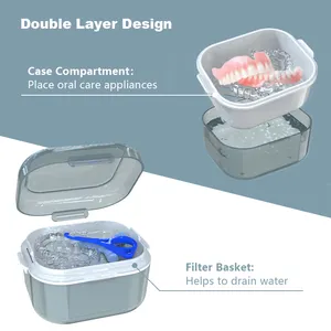 Hot Selling Denture Case Plastic False Denture Cleaner Box With Filter Net Dental Denture Case For Cleaning And Storage