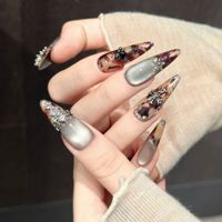 Lot de 10 faux ongles à presser, effet œil de chat, longs, forme stiletto, motif écaille de tortue, marbré, avec pendentif croix gothique, faits main, de luxe