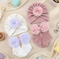 Conjunto de Gorro y Calcetines de Gasa con Flores Tejidas para Bebé, Accesorios Transpirables para Bebés de 0 a 6 Meses