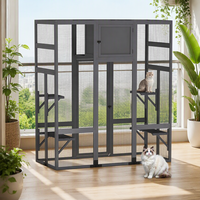 Grand enclos extérieur de luxe pour chat à 3 niveaux en bois avec maison isolée et motif imprimé