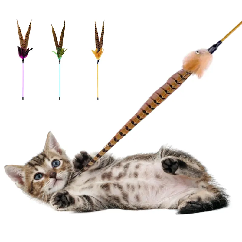 Shengfeng Pheasant Tail Interactive Plush Feather Cat Stick Teaser Cat Toy rod