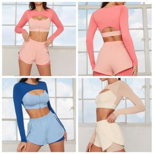 YNSEA Tuta Sportiva da <span class=keywords><strong>Donna</strong></span> Due Pezzi con Maniche Lunghe e Dettaglio Sexy Traforato, <span class=keywords><strong>Pantaloncini</strong></span> con Zip Frontale a Contrasto di Colore, Abbigliamento per Corsa, Palestra e Danza - Product Image 4