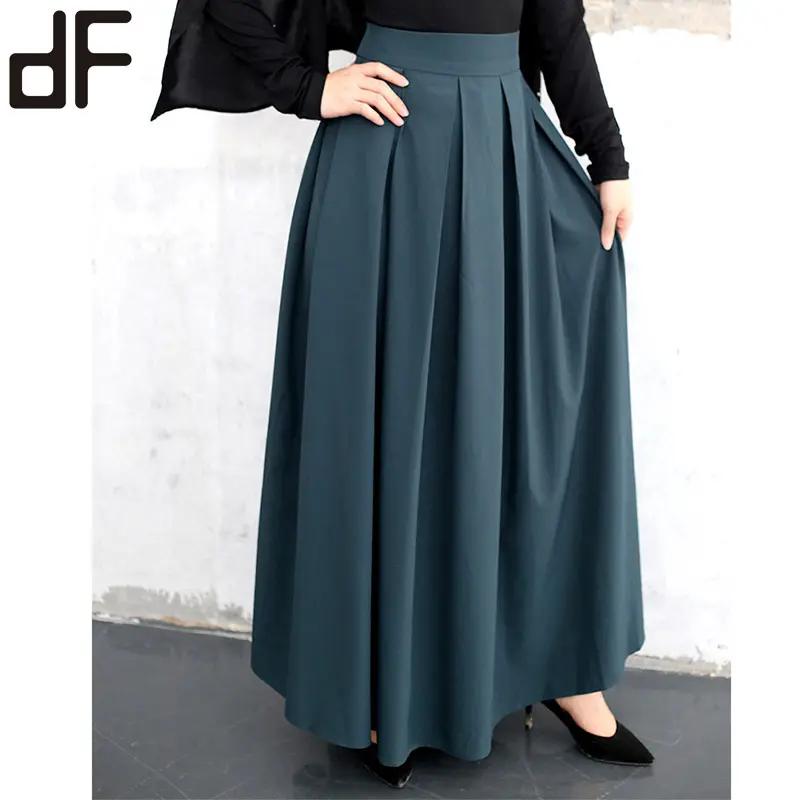 Vestido islâmico longo para mulheres, saia longa com pregas de cor pura, elegante, moda casual