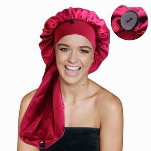 Long Satin Sleeping Bonnet Large Cap Silk Bonnets With Tie Band Button for <b>Braids</b> Curly Hair Promotion Gift - Product Image 1