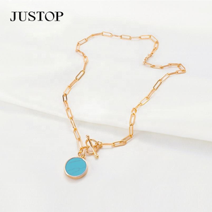 Collar de Moda con Colgante de Moneda Turquesa y Cadena de Eslabones con Hebilla en Forma de Corazón, Chapado en Rodio, de Acero Inoxidable Ecológico para Mujer - Product Image 4