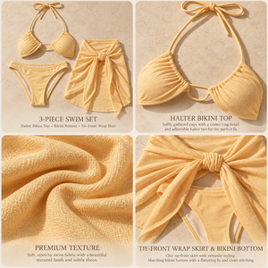 Custom OEM Wholesale Women's Yellow Halter Neck Ruched Cutout Bikini Set with Tie Front <strong>Sarong</strong> 3 Piece Swimwear Manufacturer - Product Image 3
