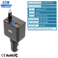 Chargeur de voiture rapide 45W avec écran numérique et câble rétractable, compatible PD 3.0 QC3.0, adaptateur multi-protocoles pour écouteurs et téléphone