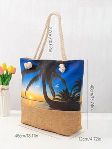 Bolsa de Compras de Lona de Moda de Verano, Bolsa de Playa de Algodón con Estampado de Palmeras de Coco, Gran Capacidad, para Mujer - Product Image 4