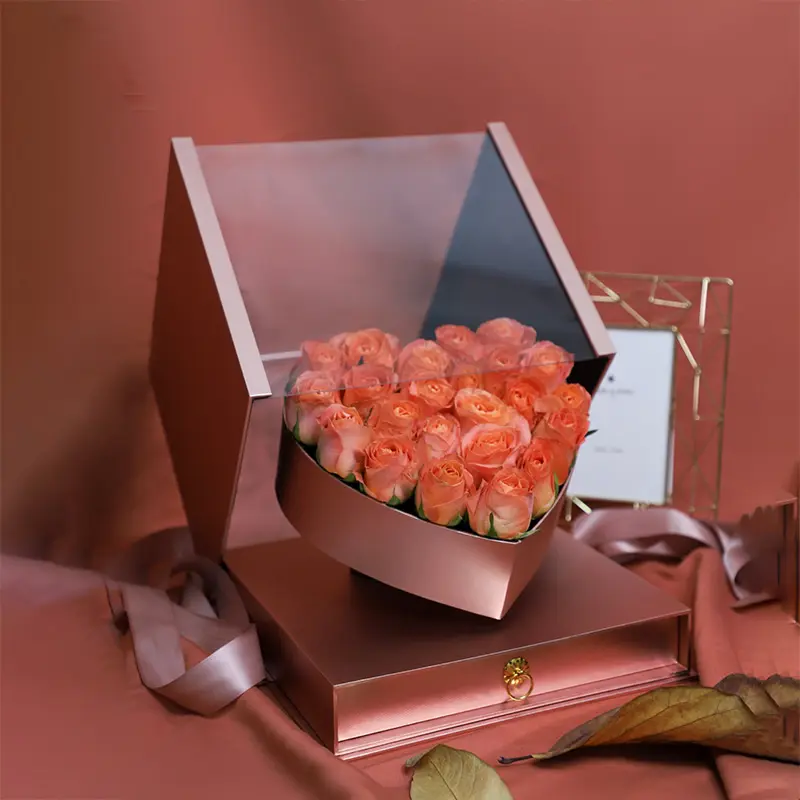 الفاخرة واضح مربع الاكريليك إطار كامل صندوق زهور داخل القلب على شكل صندوق ورود عيد الحب هدية مربع مع درج و الشريط