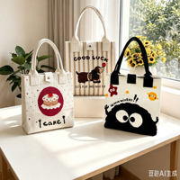 Tas Tote Wanita Rajut Jacquard Kartun Kapasitas Besar Tas Tangan Persegi Tas Penyimpanan Makan Siang untuk Penggunaan Kantor Sehari-hari