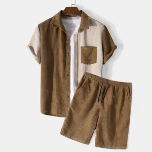 man summer Short sleeved casual waffle two pieces sets Men corduroy Shorts Shirts two pieces Set men's 2 pieces suits