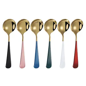 NEW Style Korean Style Gold Plated Stainless Steel Spoons Bulk Metal Round Soup Spoon For Hotel Dessert Spoon