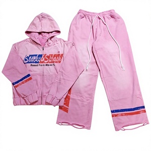 Sérigraphie personnalisée Rayures brodées Vintage Washed Plus Size Zipper Hoodie Baggy Raw Hem Sweatpants Tracksuit - Product Image 1