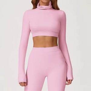 Fabricant de vêtements de yoga – Hauts de yoga décontractés pour femmes, à col montant, moulants, dos nu, à manches longues, pour la course, le fitness et la gym - Product Image 4