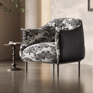 เก้าอี้พักผ่อนลายผ้าทอยล์สีดำขาว พนักพิงหนังเทียม รูปทรงโค้ง ขาโลหะ ดีไซน์ทันสมัย หรูหรา สำหรับห้องนั่งเล่น - Product Image 1