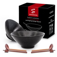 Set Mangkuk Ramen Berkaki Hitam 7 Inci, Keramik Besar Mangkuk Sup Mi Popcorn Keramik Mangkuk Ramen Jepang