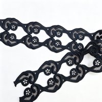 Dentelle florale noire en polyester de qualité supérieure, motif vague, bordure en dentelle ajourée de luxe pour la décoration de vêtements et de robes