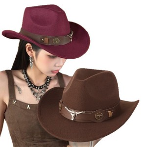 Sombrero Vaquero Occidental de Ala Ancha, de Lana, Color Sólido, con Hebilla de Cabeza de Toro, Unisex, Plegable, para Primavera y Otoño - Product Image 2