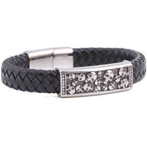 Pulsera de acero inoxidable con calavera, cordón de cuero tejido de 12 mm, estilo punk, joyería de Halloween, color negro - Product Image 4