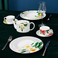 Ensemble de vaisselle florale en porcelaine osseuse de 12 pièces, assiette en porcelaine Horeca pour restaurant à domicile