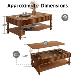 โต๊ะกาแฟยกสูงสีน้ำตาลวินเทจ 47.24 นิ้ว ทำจากไม้เนื้อแข็ง ลายร่อง ขาแบบโรมัน สไตล์คลาสสิก - Product Image 4