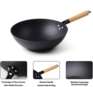 Tecnología <span class=keywords><strong>de</strong></span> nitruración Sartén <span class=keywords><strong>Wok</strong></span> <span class=keywords><strong>de</strong></span> <span class=keywords><strong>acero</strong></span> <span class=keywords><strong>al</strong></span> <span class=keywords><strong>carbono</strong></span> Sartén antiadherente asiática con fondo plano y mango <span class=keywords><strong>de</strong></span> madera - Product Image 2