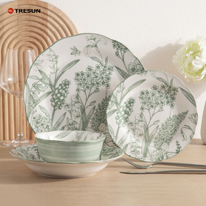 Juego de Vajilla de Cerámica de Dos Tonos con Diseño Floral, Platos con Líneas Botánicas Verdes, Tazones a Rayas - Product Image 4