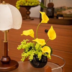 Arrangement floral simulé, vase rond noir, orchidée Phalaenopsis en soie, ornement de bureau, style moderne, décoration de salon - Product Image 4