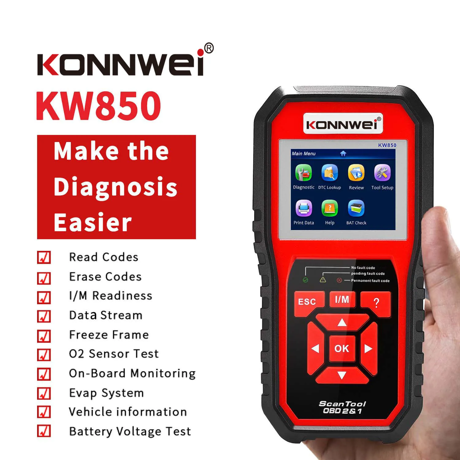 批发康威 KW850 OBD2 汽车发动机系统扫描仪 EOBD 诊断工具，适用于所有 12V 汽油柴油车