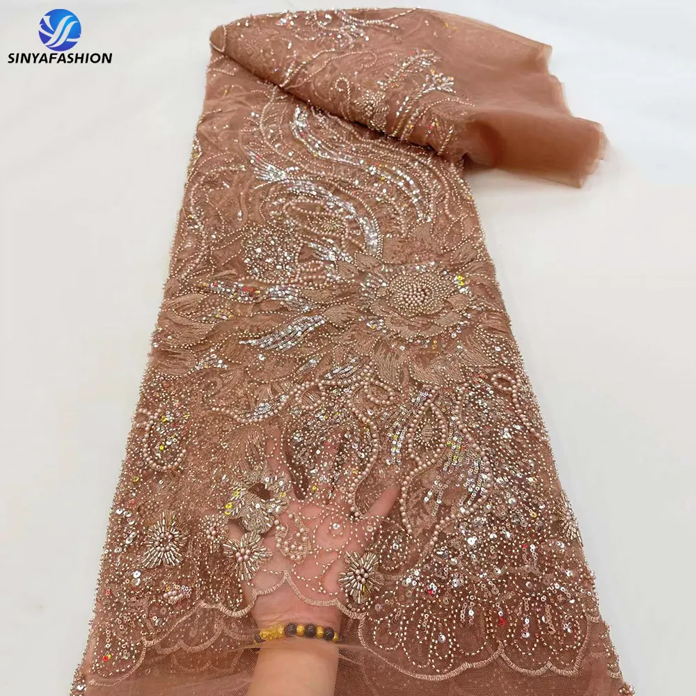 African Bridal High Quality 3D Lace with Handmade French Net Lace Fabric Heavy Beaded Wedding Lace Fabric 5 Yards for Dress