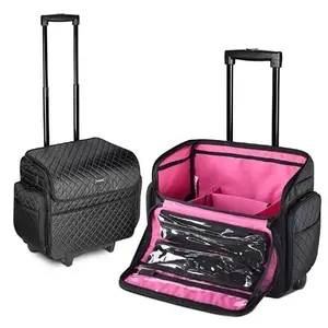 Custom Diamond Pattern Rolling Makeup Case Cosmetic Bag Trolley Travel Storage Organizer With Removable Dividers Side Pocket